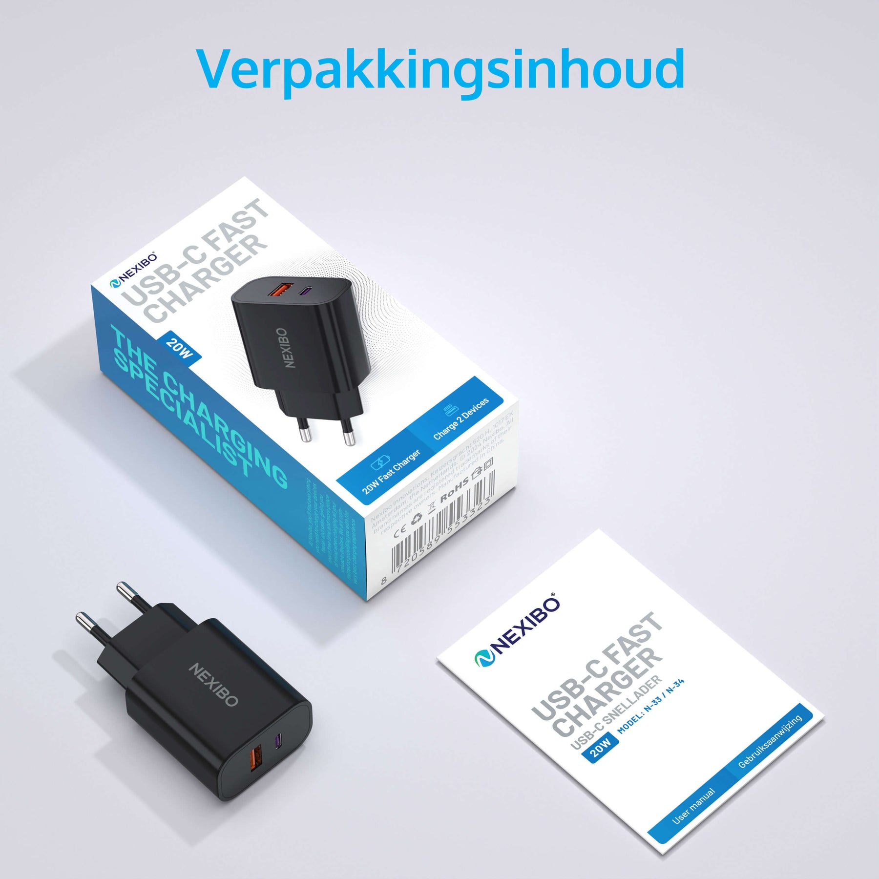 20W USB-C Adapter - USB-C & USB-A Poort - Zwart